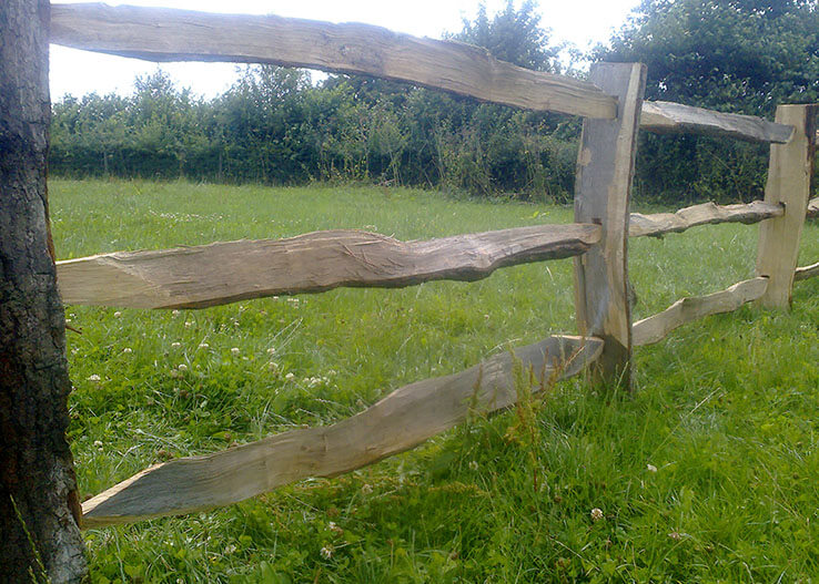Rustic oak fence, cleft fence, cleft oak fence, oak post and rail